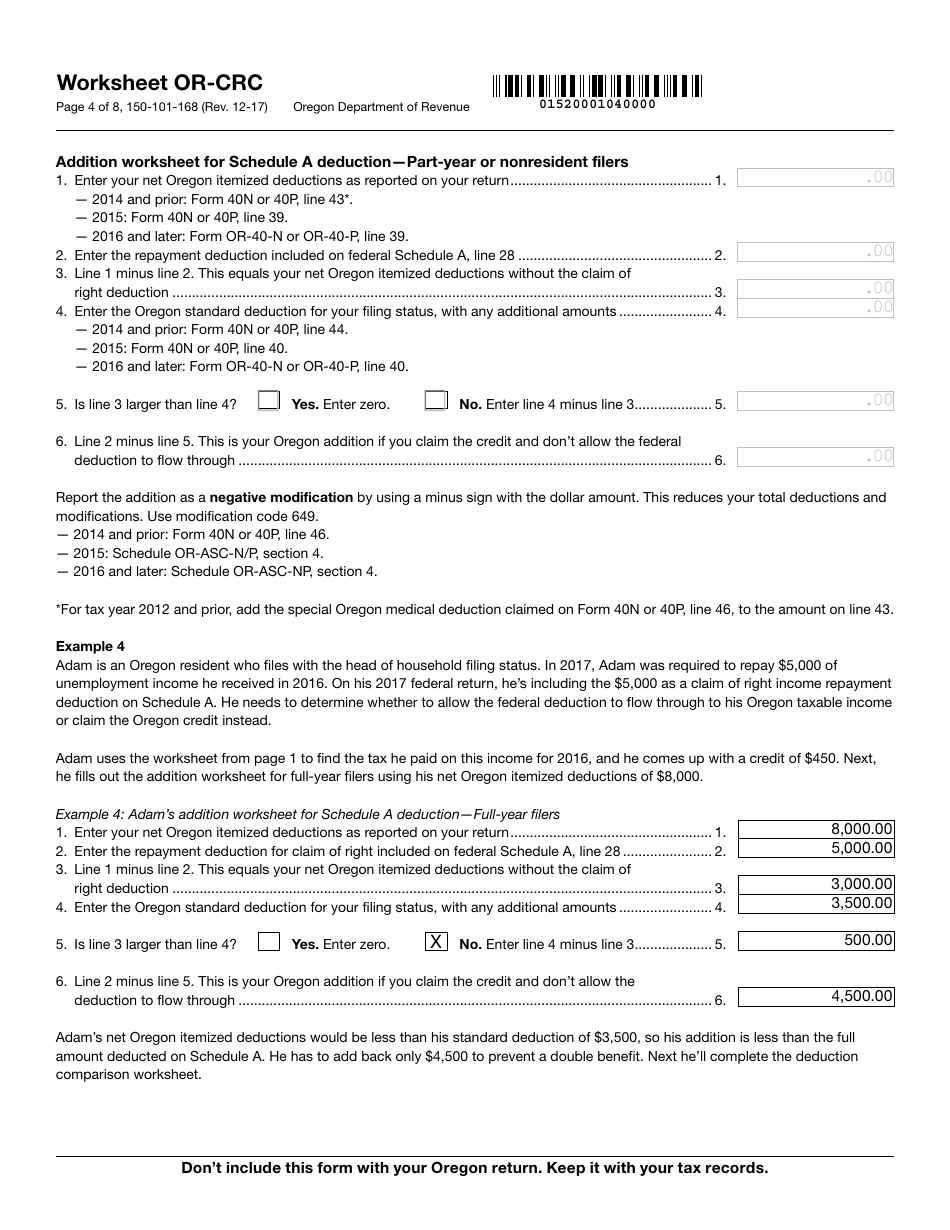 Form 150-101-168 Worksheet or-Crc - Claim of Right Income Repayments - Oregon, Page 4