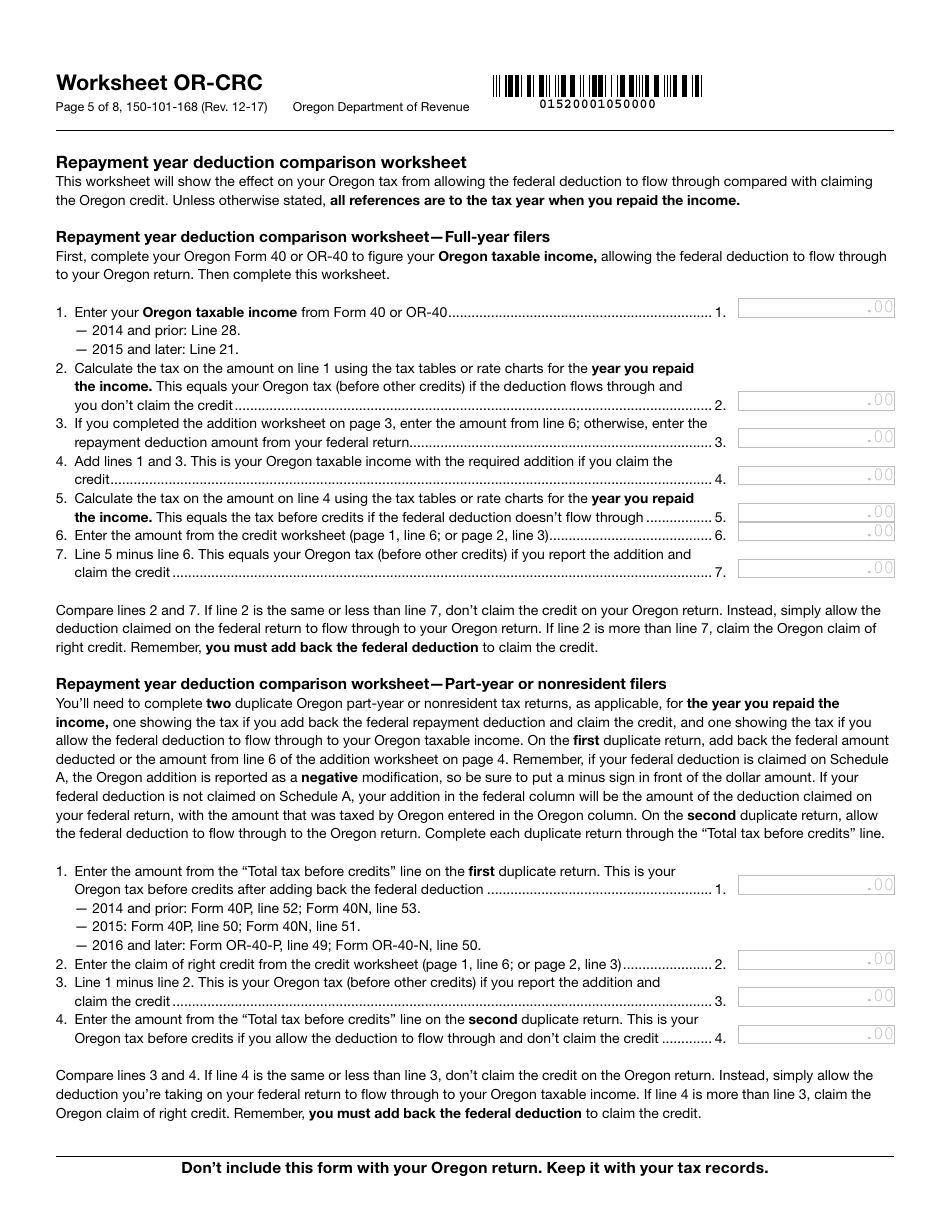 Form 150-101-168 Worksheet or-Crc - Claim of Right Income Repayments - Oregon, Page 5