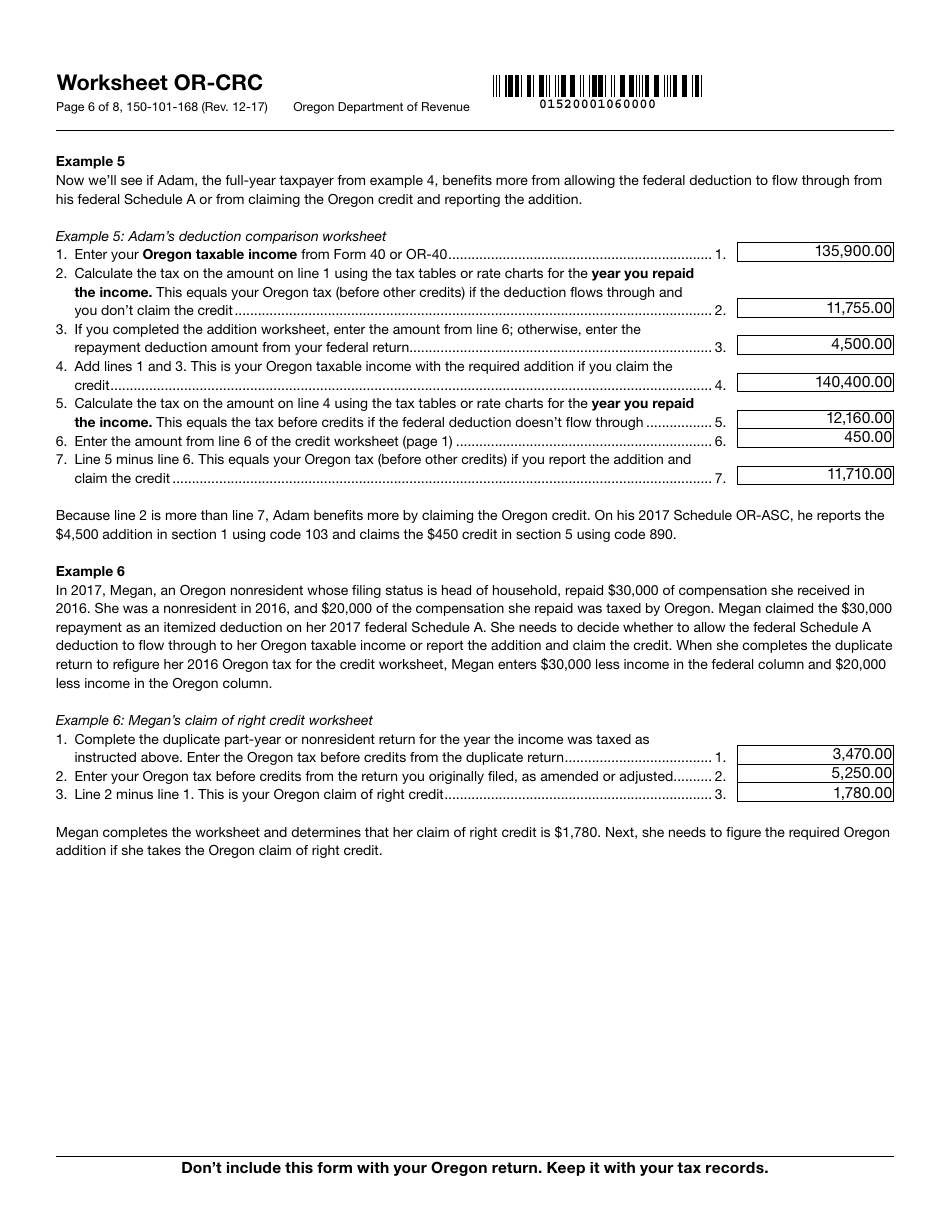 Form 150-101-168 Worksheet or-Crc - Claim of Right Income Repayments - Oregon, Page 6