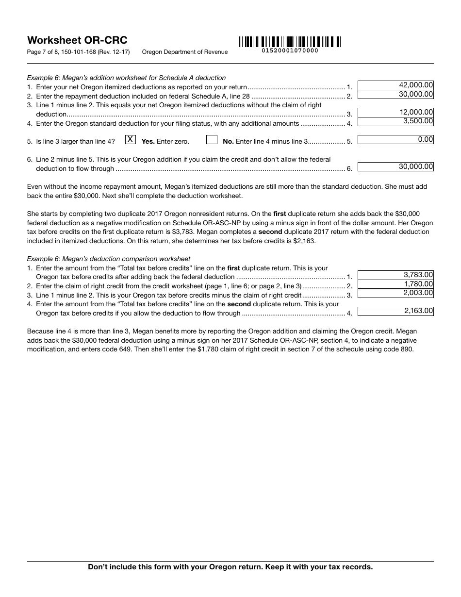 Form 150-101-168 Worksheet or-Crc - Claim of Right Income Repayments - Oregon, Page 7