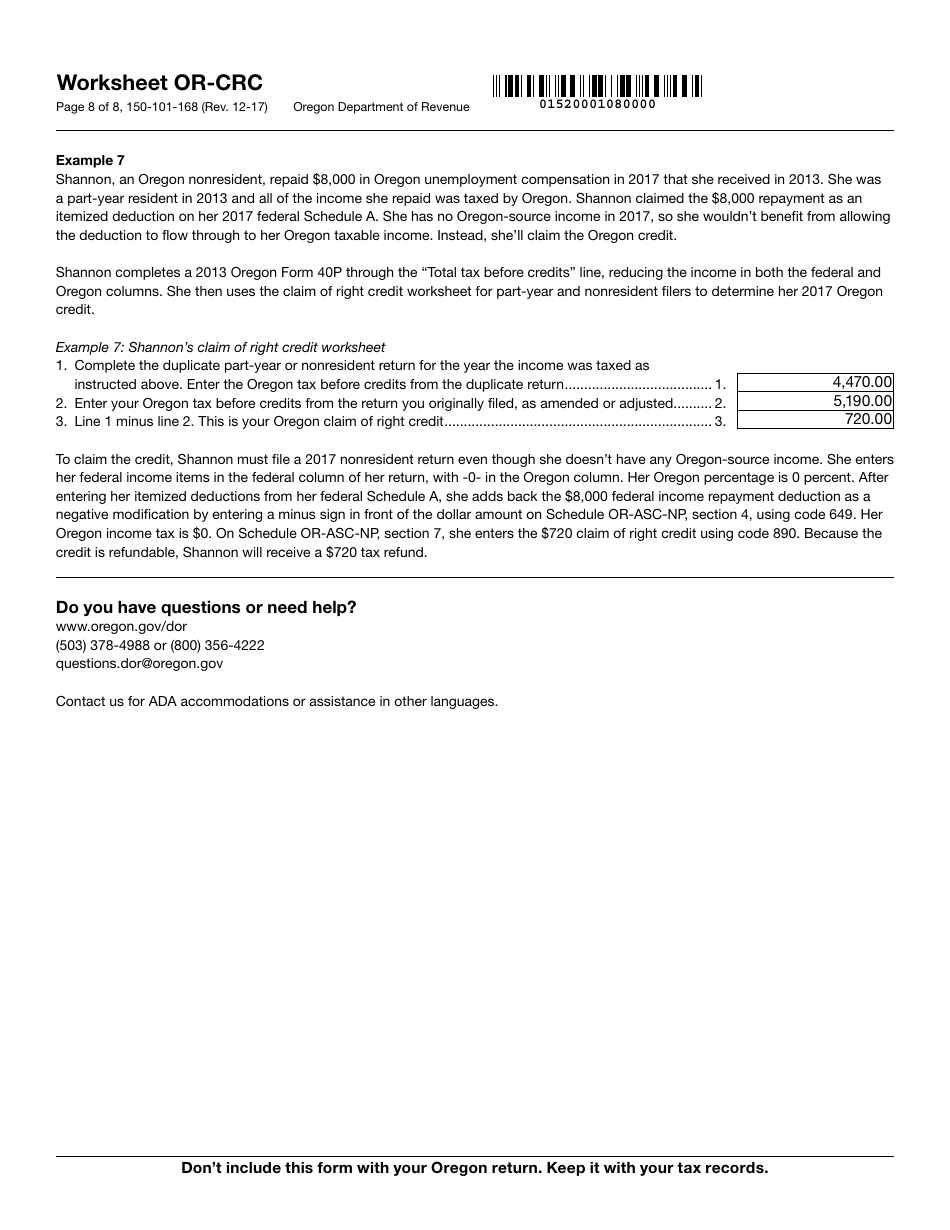 Form 150-101-168 Worksheet or-Crc - Claim of Right Income Repayments - Oregon, Page 8