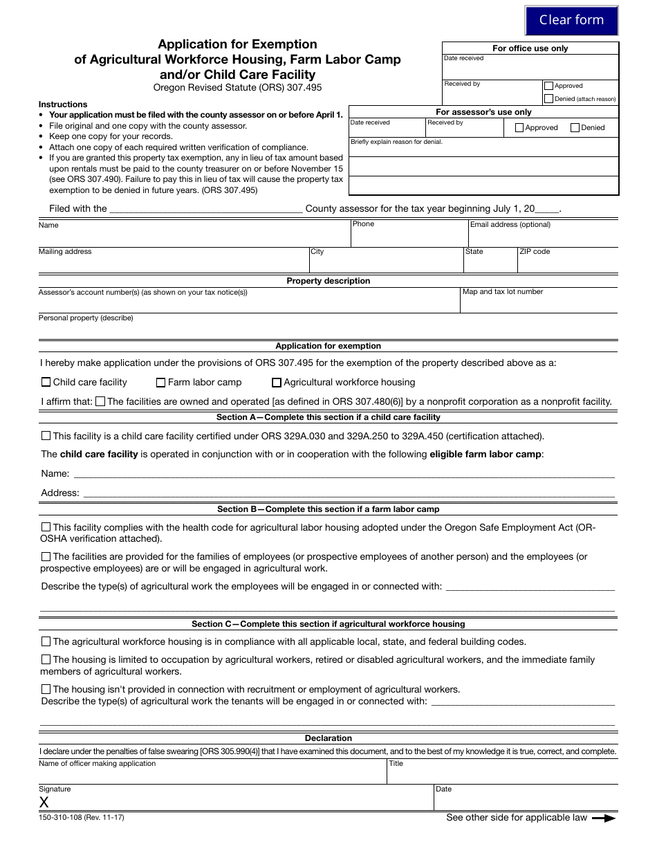 Form 150-310-108 Application for Exemption of Agricultural Workforce Housing, Farm Labor Camp and / or Child Care Facility - Oregon, Page 1