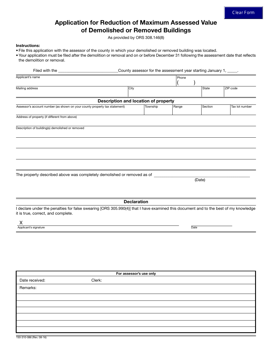 Form 150-310-086 Application for Reduction of Maximum Assessed Value of Demolished or Removed Buildings - Oregon, Page 1