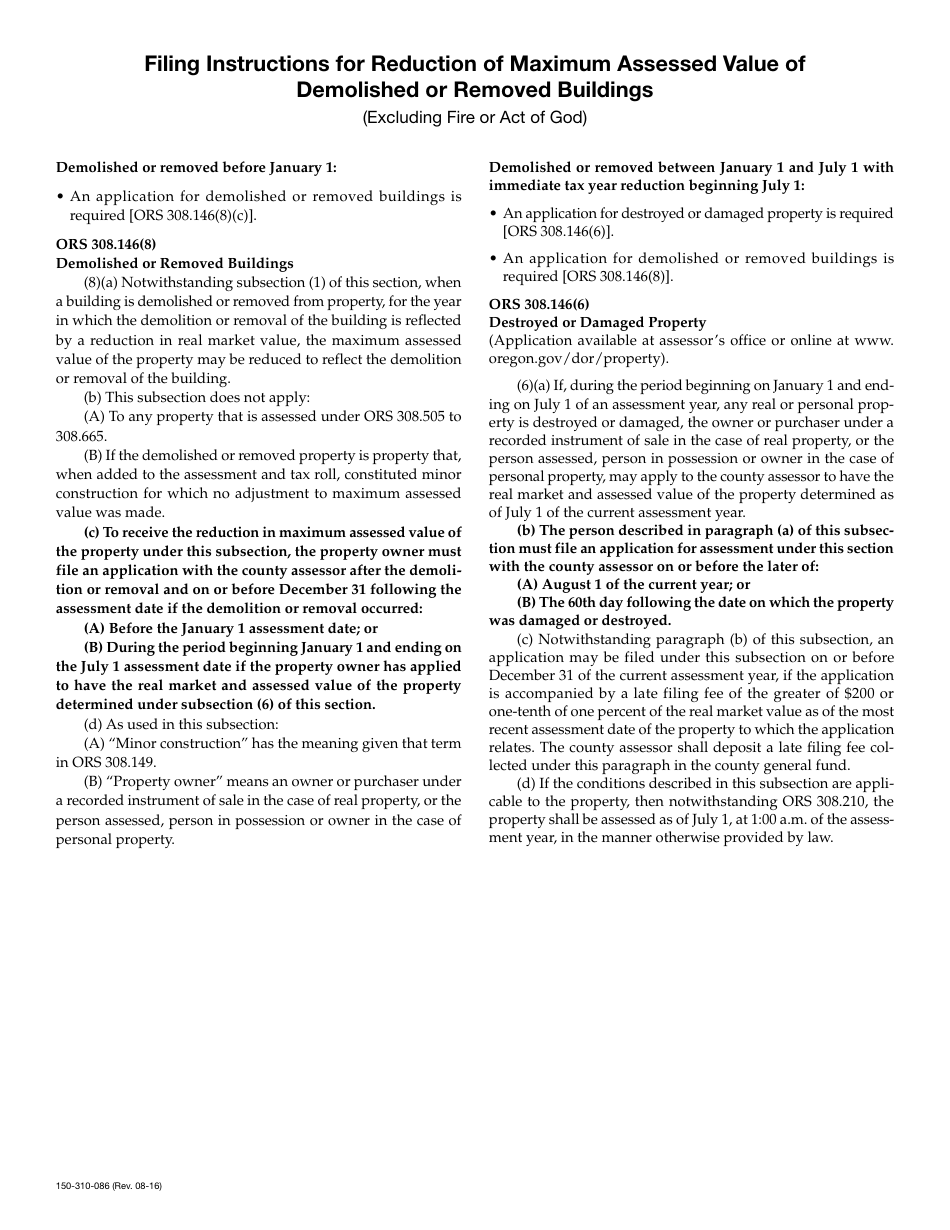 Form 150-310-086 Application for Reduction of Maximum Assessed Value of Demolished or Removed Buildings - Oregon, Page 2