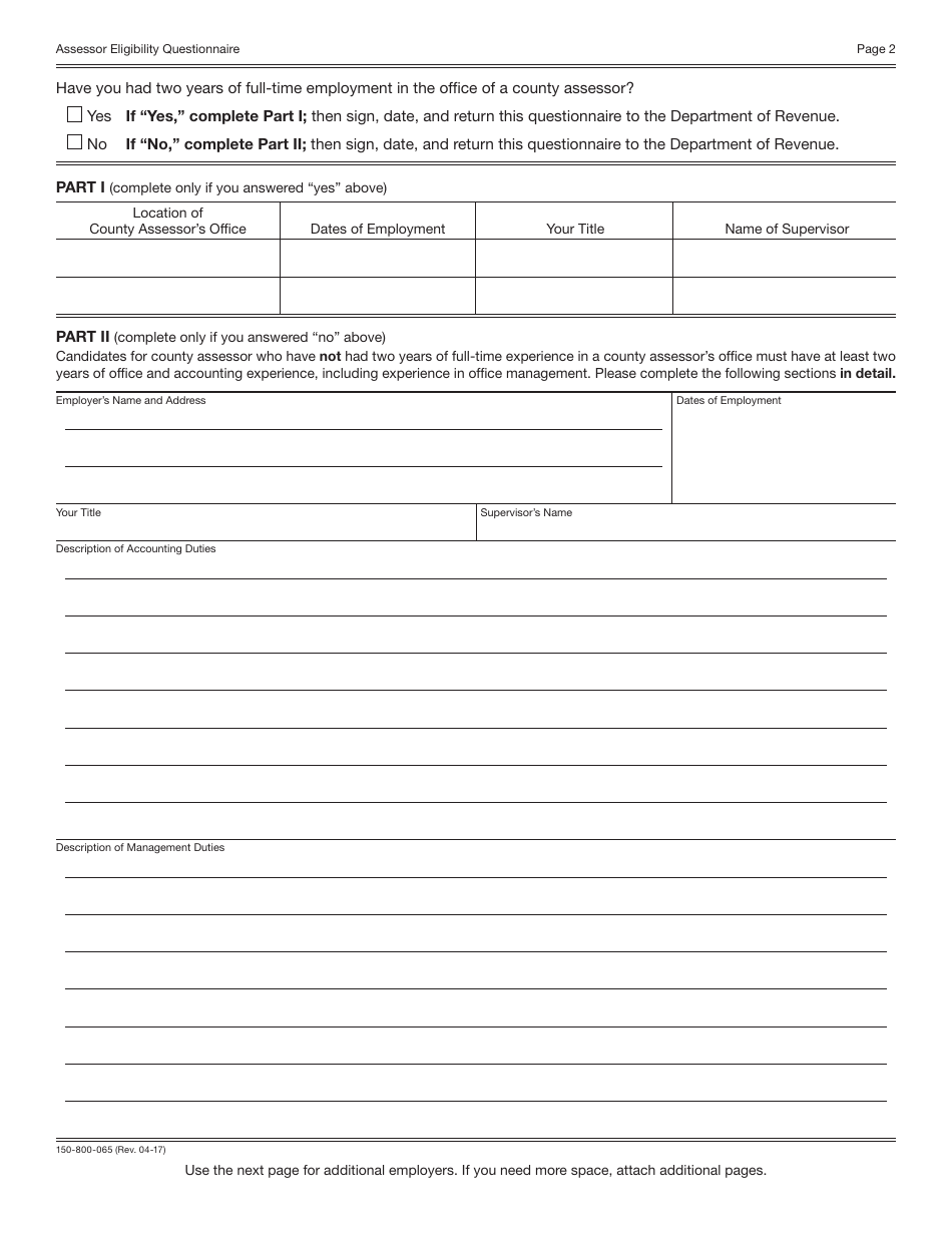 Form 150-800-065 Assessor Eligibility Questionnaire - Oregon, Page 2