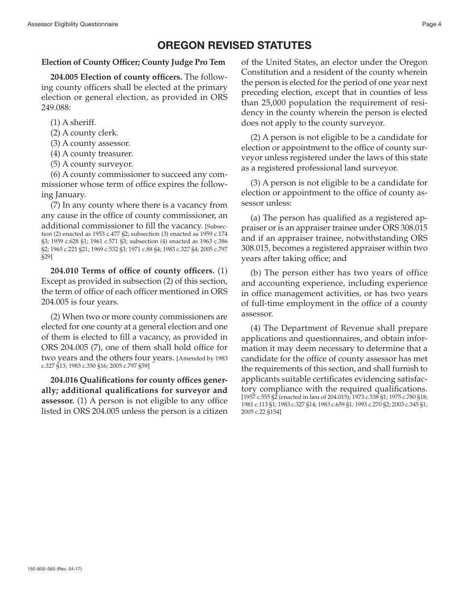 Form 150-800-065 Assessor Eligibility Questionnaire - Oregon, Page 4