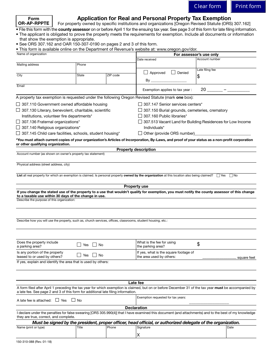 Form OR-AP-RPPTE Application for Real and Personal Property Tax Exemption - Oregon, Page 1