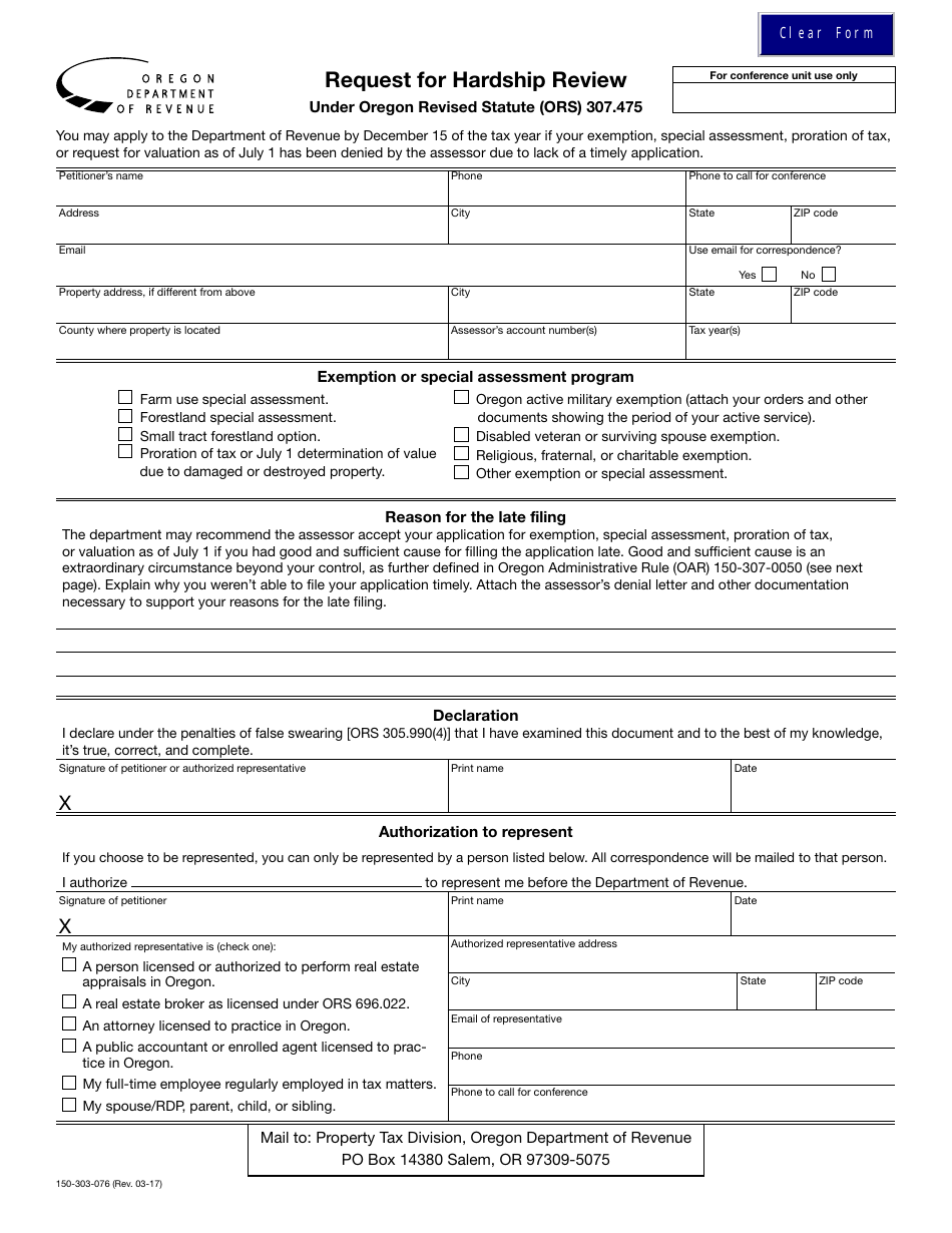 Form 150-303-076 Request for Hardship Review - Oregon, Page 1