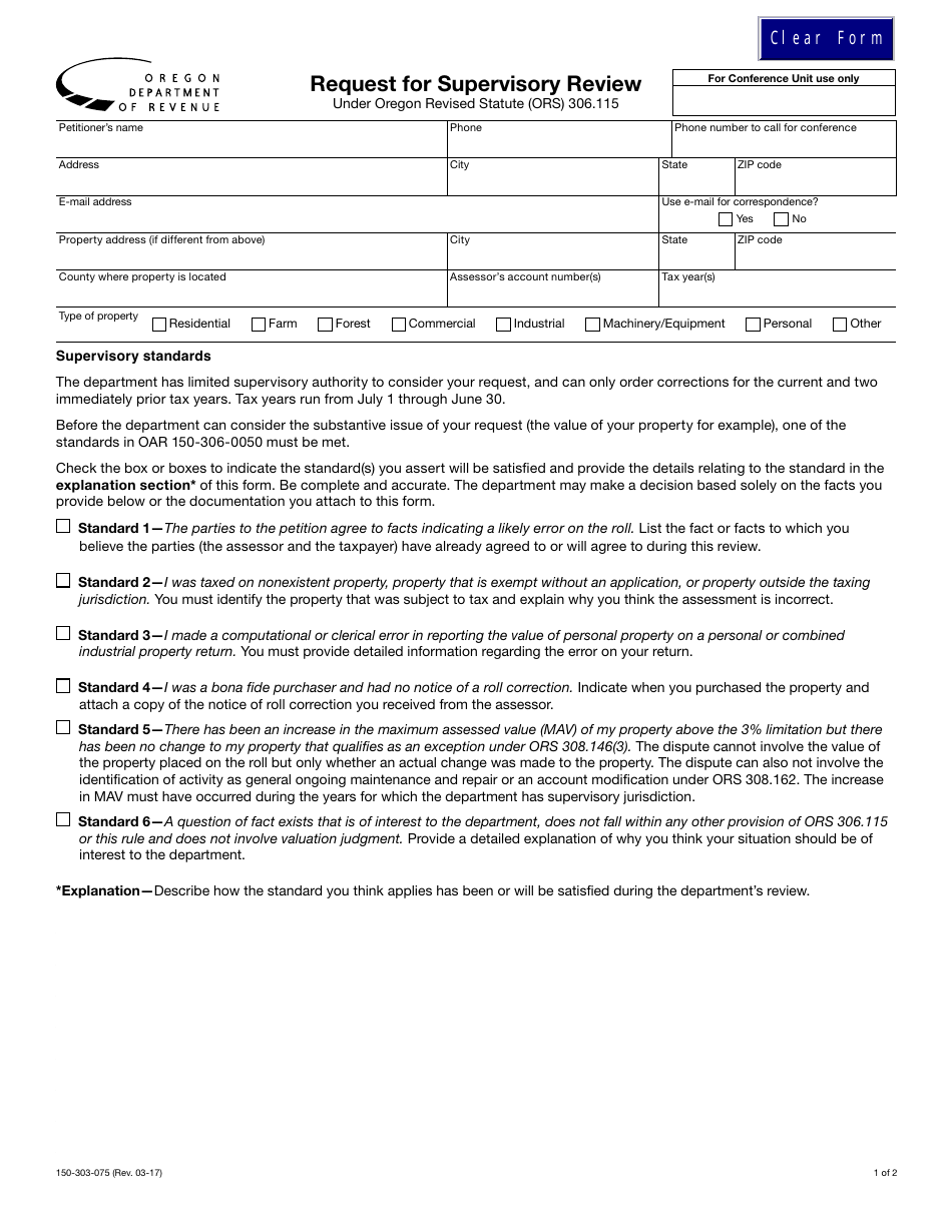Form 150-303-075 Request for Supervisory Review - Oregon, Page 1