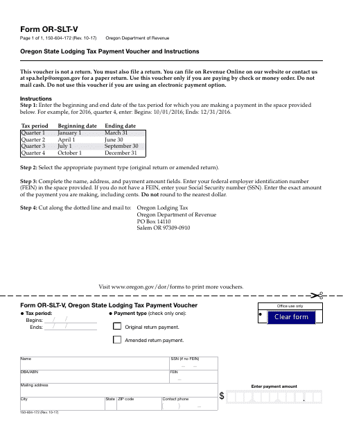 Form OR-SLT-V Oregon State Lodging Tax Payment Voucher and Instructions - Oregon