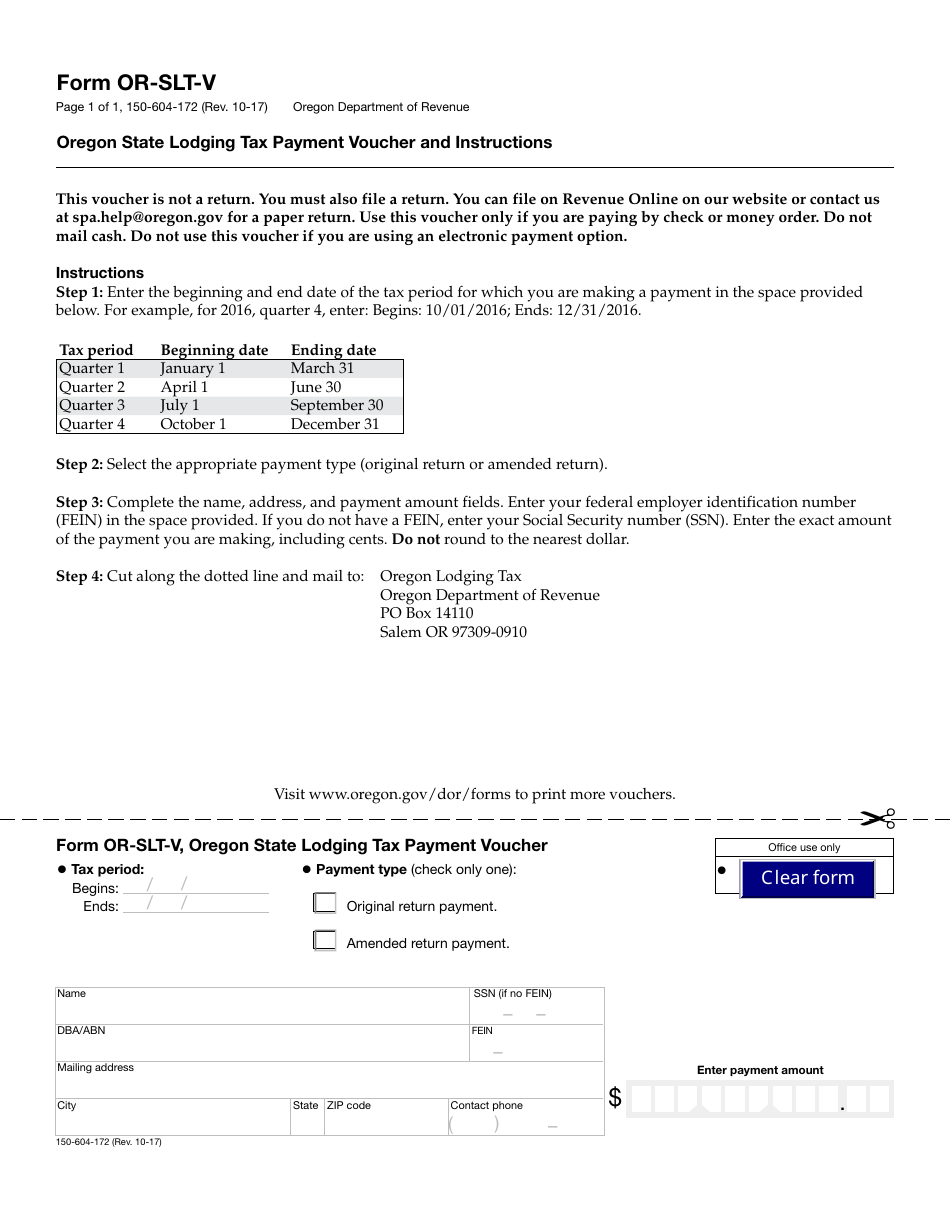 Form OR-SLT-V Oregon State Lodging Tax Payment Voucher and Instructions - Oregon, Page 1