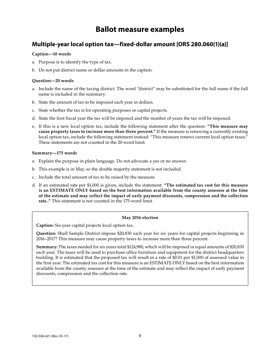 Form 150-504-421 Tax Election Ballot Measures - Oregon, Page 9