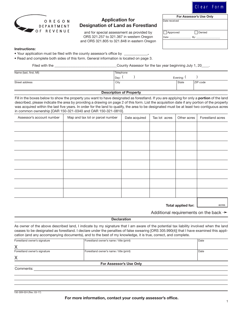Form 150-309-024 Application for Designation of Land as Forestland - Oregon, Page 1