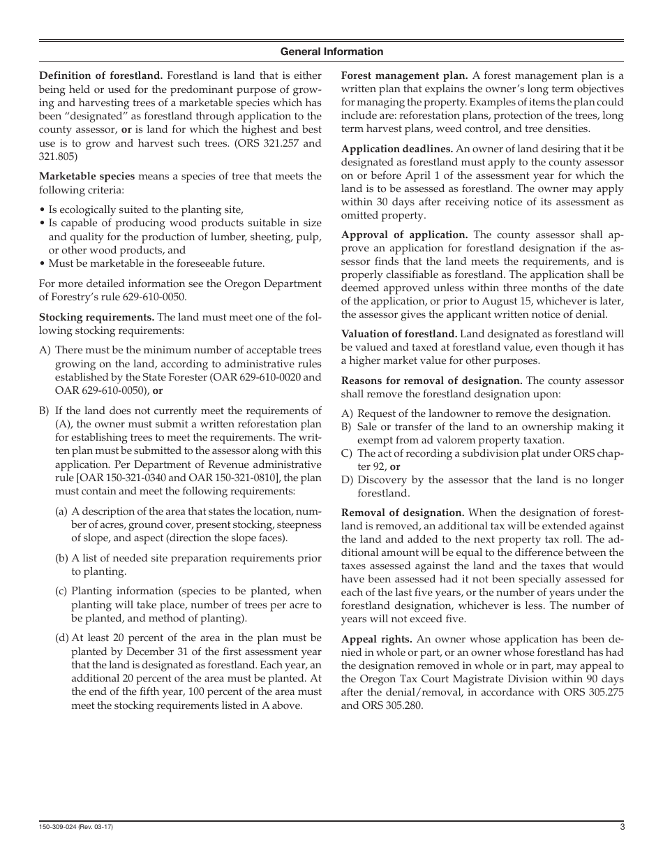 Form 150-309-024 Application for Designation of Land as Forestland - Oregon, Page 3