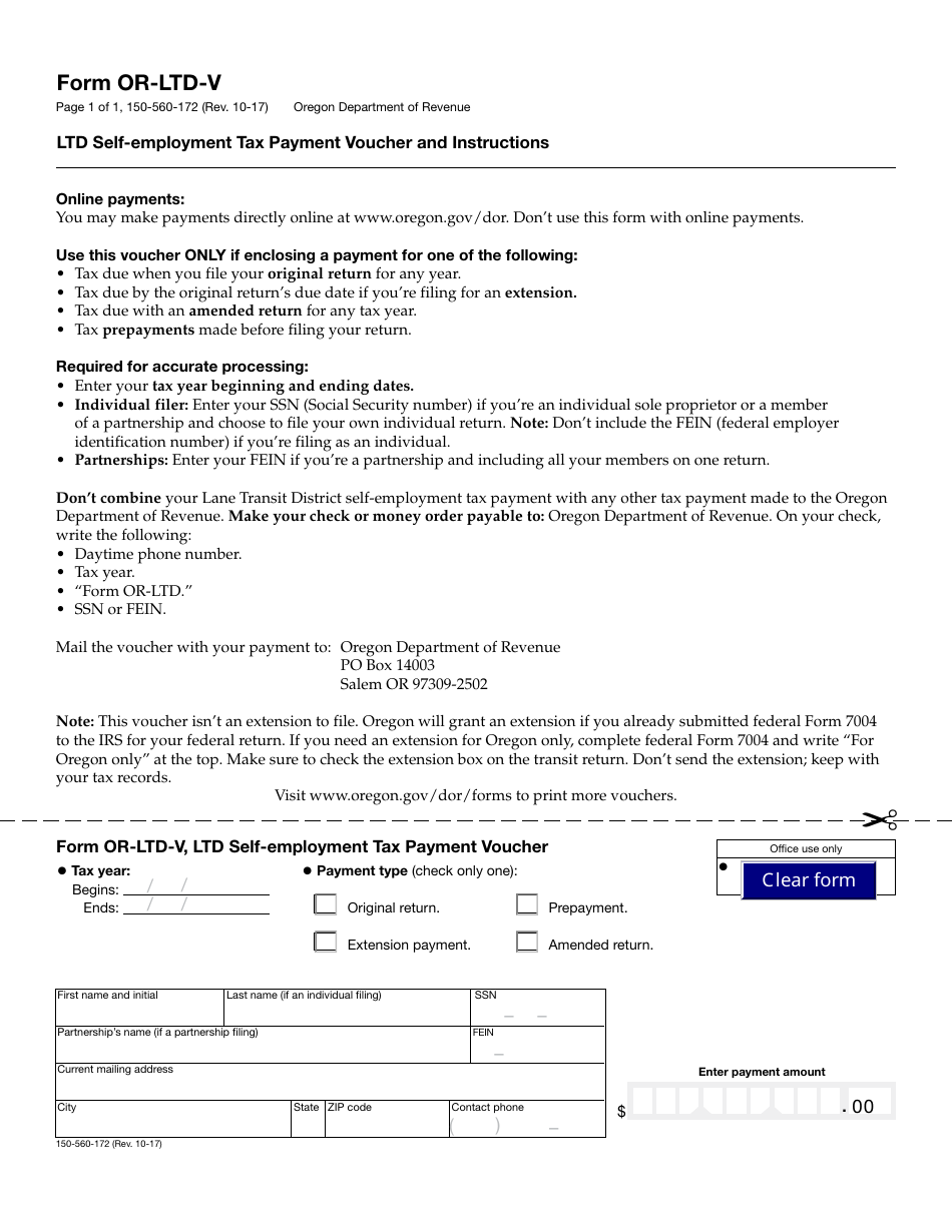 Form OR-LTD-V Ltd Self-employment Tax Payment Voucher and Instructions - Oregon, Page 1
