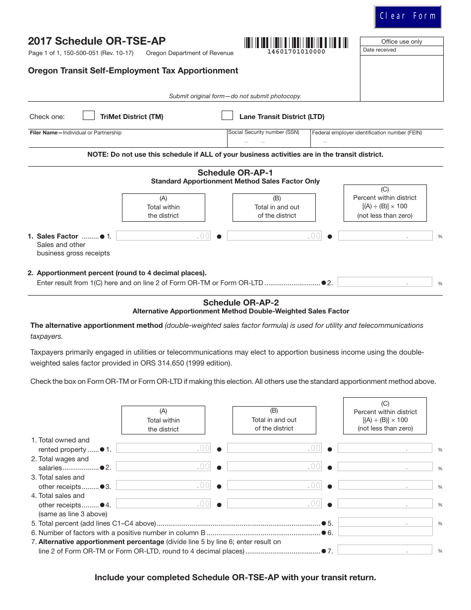Schedule OR-TSE-AP Oregon Transit Self-employment Tax Apportionment - Oregon, Page 1