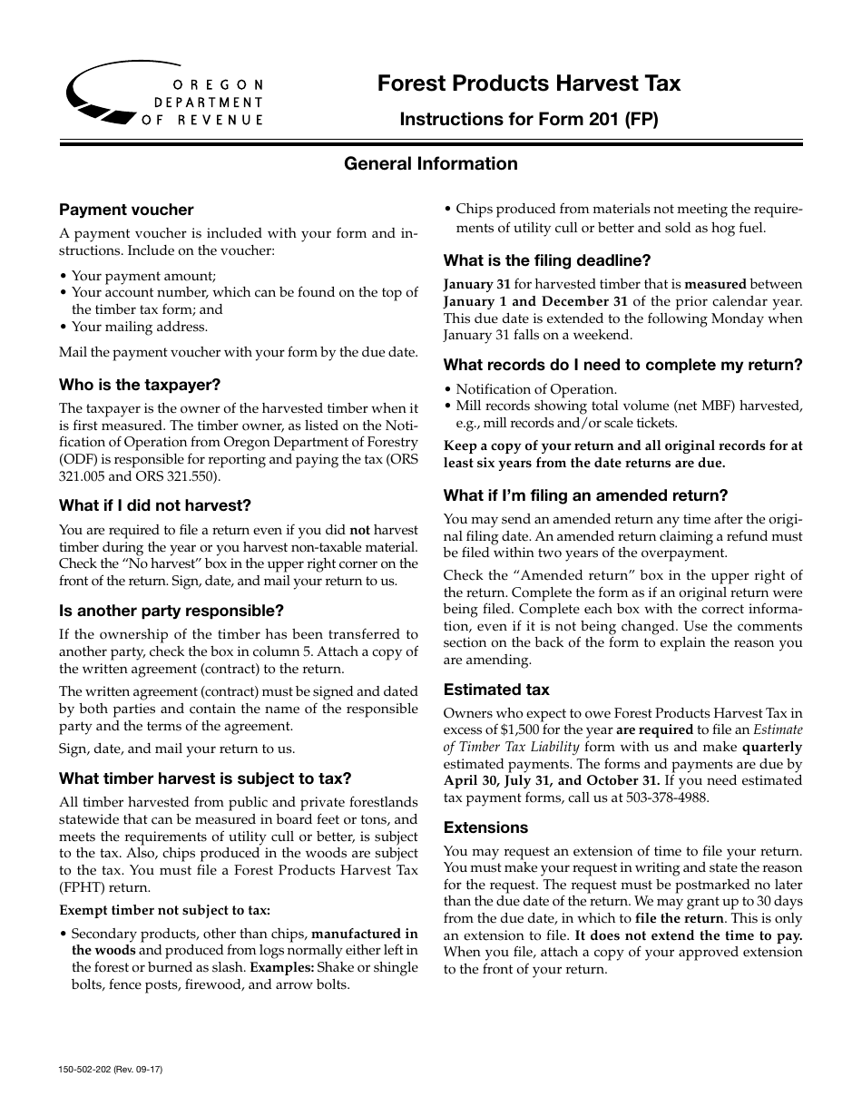 Instructions for Form 201 (FP) Forest Products Harvest Tax - Oregon, Page 1