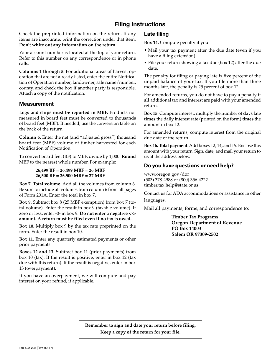 Instructions for Form 201 (FP) Forest Products Harvest Tax - Oregon, Page 2