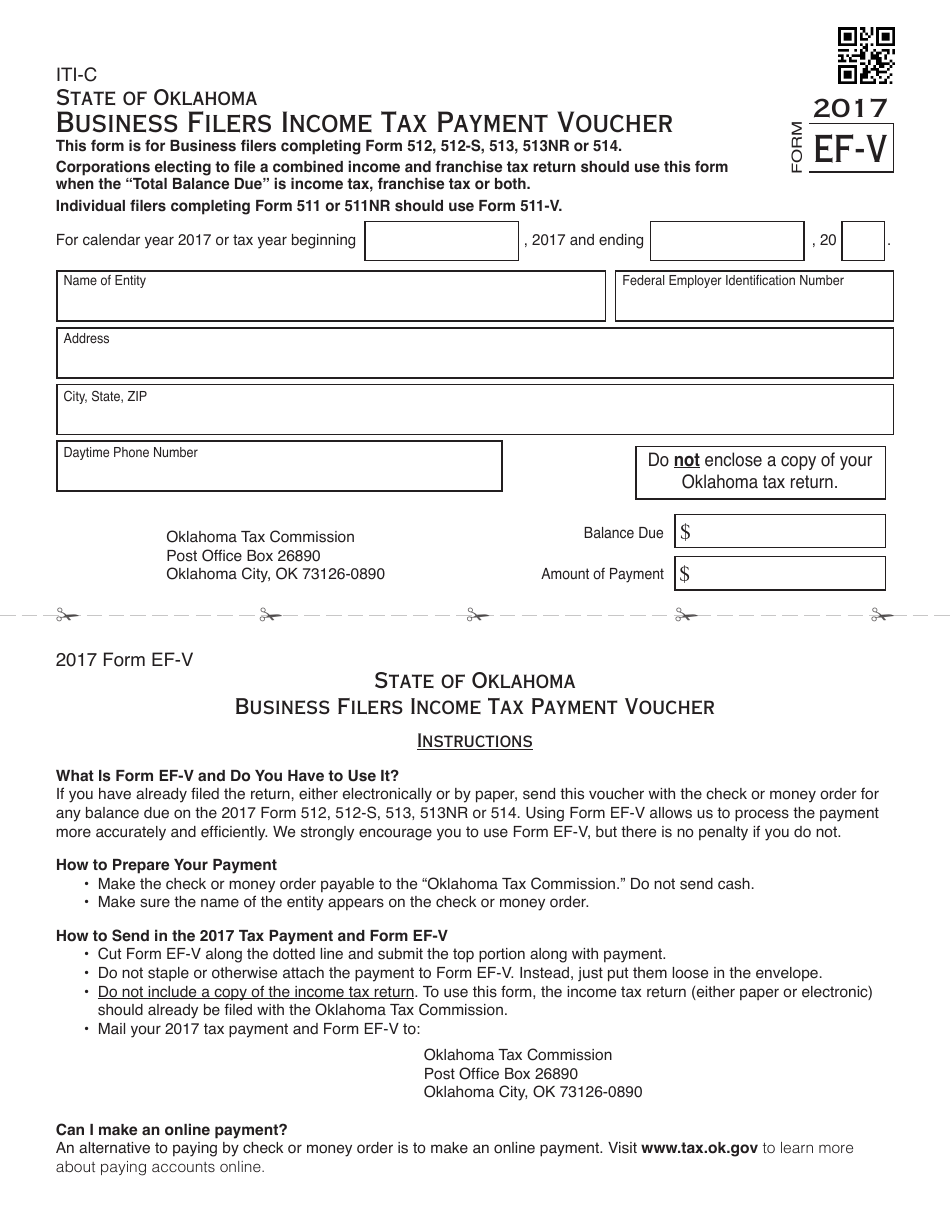 OTC Form EF-V Business Filers Income Tax Payment Voucher (For Form 512, 512-s, 513, 513-nr or 514) - Oklahoma, Page 1