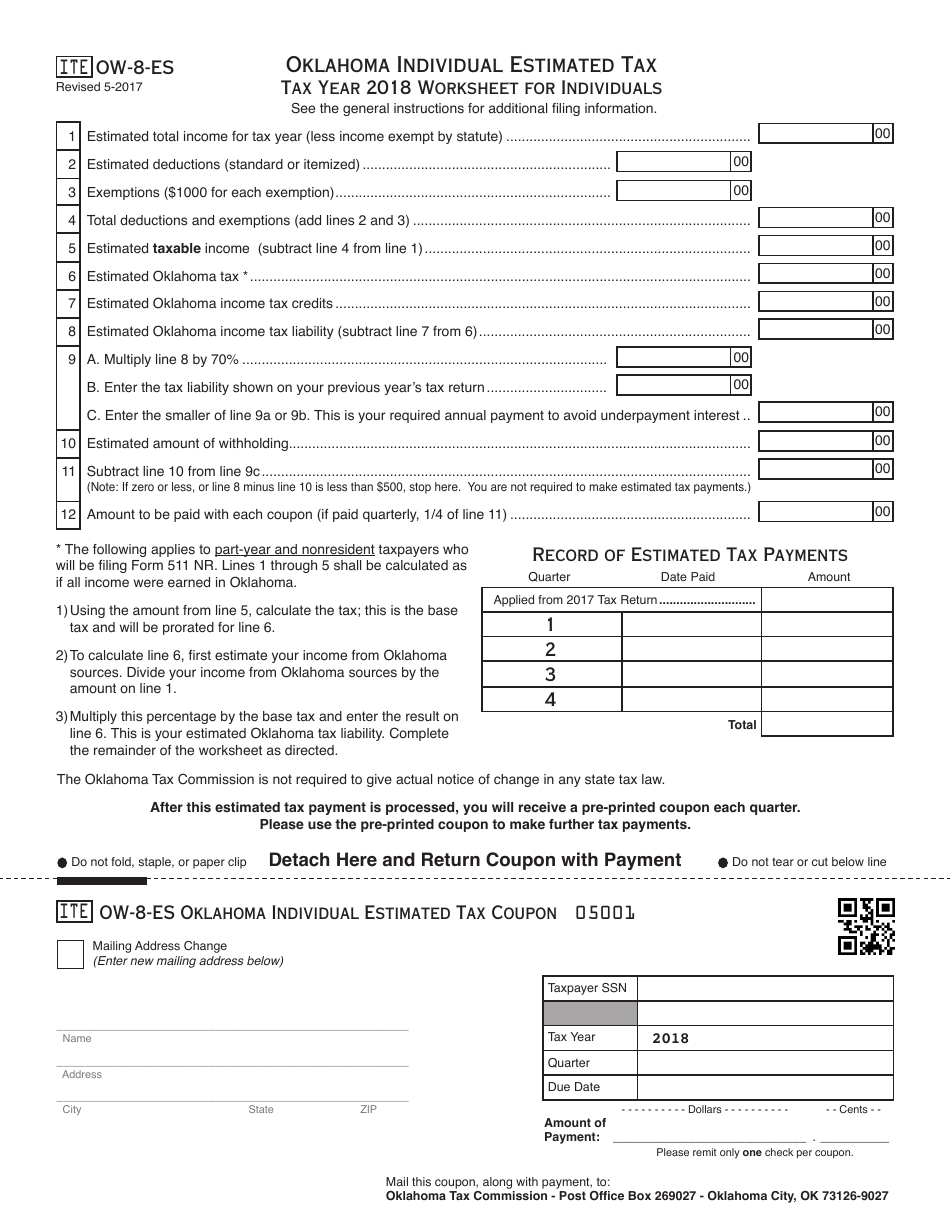 OTC Form OW-8-ES Oklahoma Individual Estimated Tax - Oklahoma, Page 1