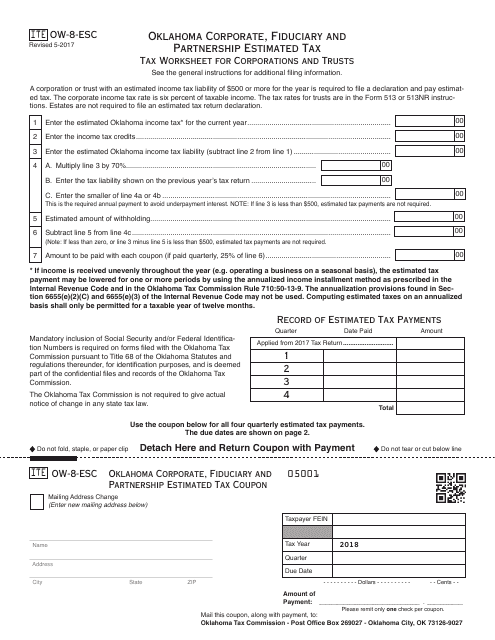 OTC Form OW-8-ESC Estimated Tax Declaration for Corporations and Trusts - Oklahoma, 2018