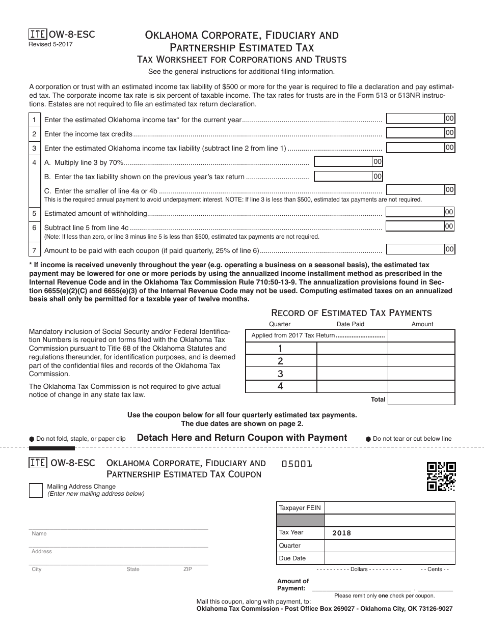 OTC Form OW-8-ESC Estimated Tax Declaration for Corporations and Trusts - Oklahoma, Page 1