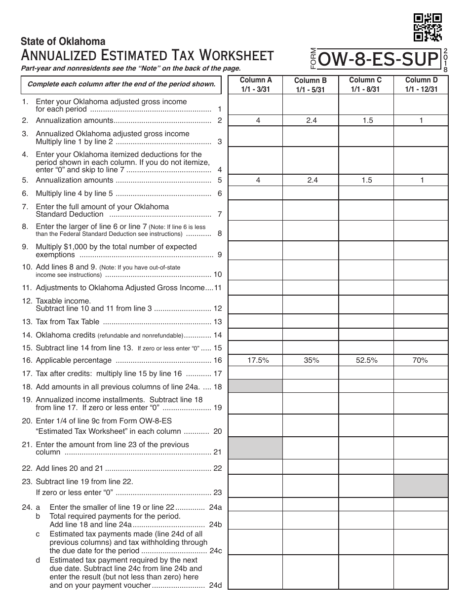 OTC Form OW-8-ES-SUP Annualized Estimated Tax Worksheet - Oklahoma, Page 1