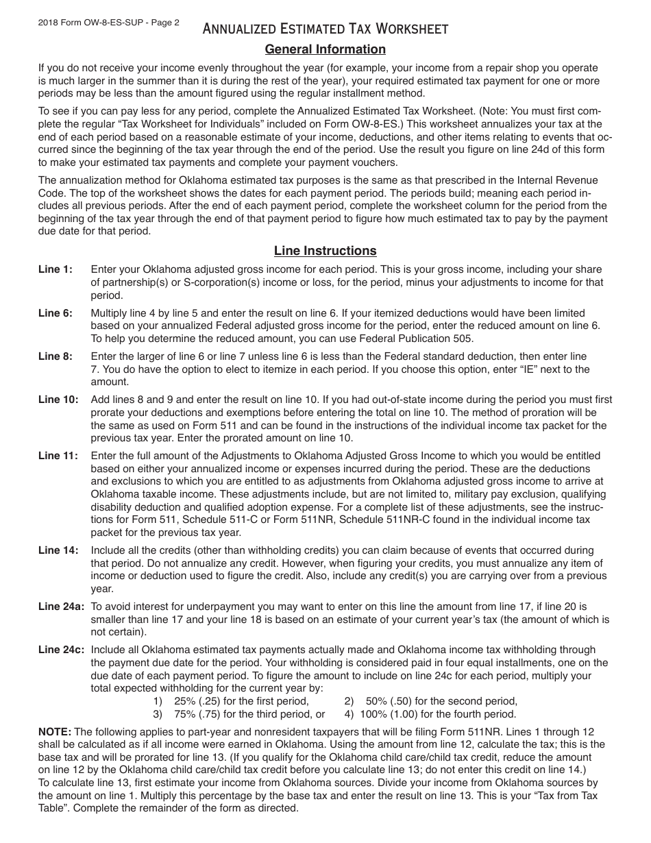 OTC Form OW-8-ES-SUP Annualized Estimated Tax Worksheet - Oklahoma, Page 2