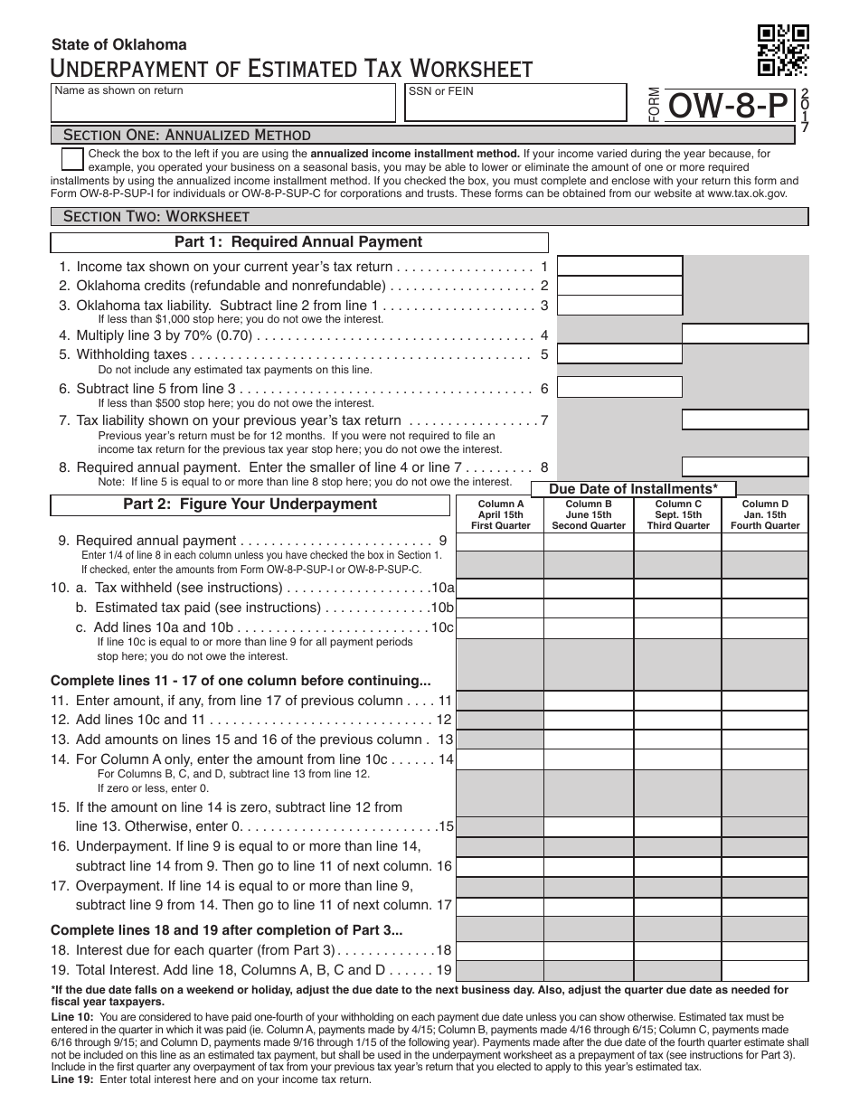 OTC Form OW-8-P Worksheet for Underpayment of Estimated Tax - Oklahoma, Page 1
