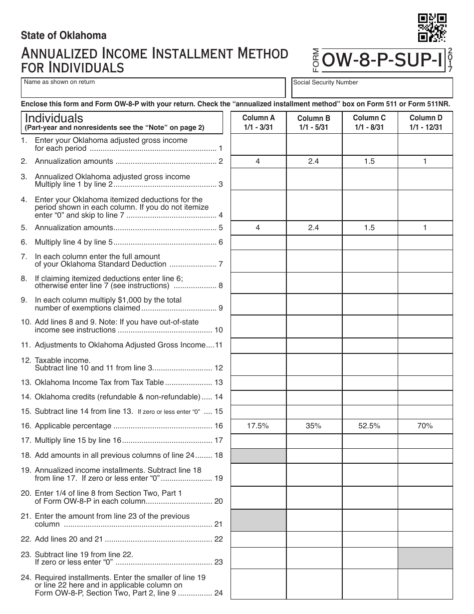 OTC Form OW-8-P-SUP-I Oklahoma Annualized Income Installment Method for Individuals - Oklahoma, Page 1