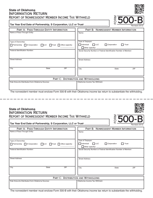 OTC Form 500-B  Printable Pdf