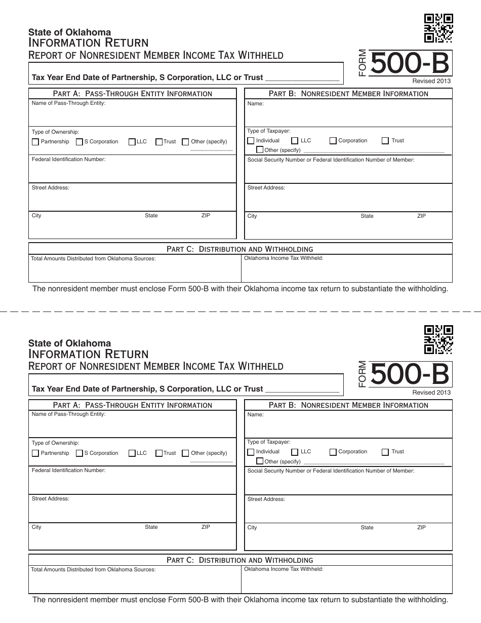 OTC Form 500-B Information Return - Report of Nonresident Member Income Tax Withheld - Oklahoma, Page 1