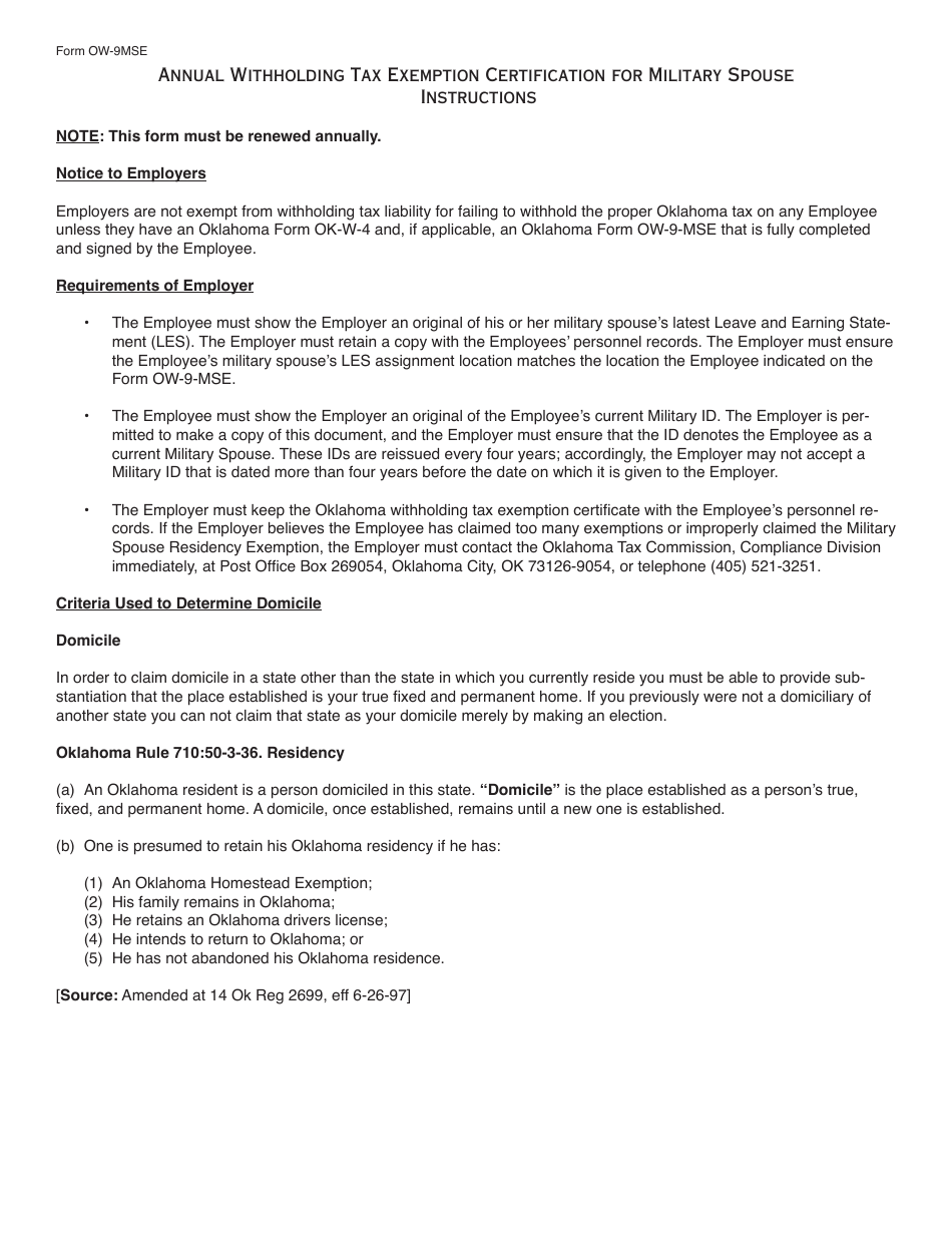 OTC Form OW-9-MSE Annual Withholding Tax Exemption Certification for Military Spouse - Oklahoma, Page 2