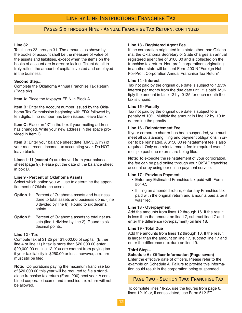 2017 Oklahoma Oklahoma Corporation and Franchise Tax Forms and Instructions Fill Out