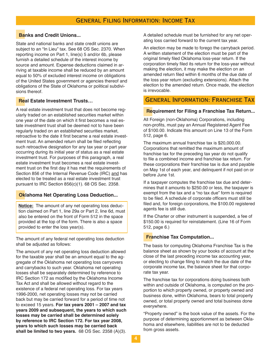 2017 Oklahoma Oklahoma Corporation and Franchise Tax Forms and Instructions Fill Out