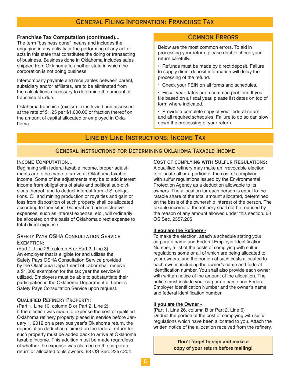 Oklahoma Corporation Income and Franchise Tax Forms and Instructions - Oklahoma, Page 5