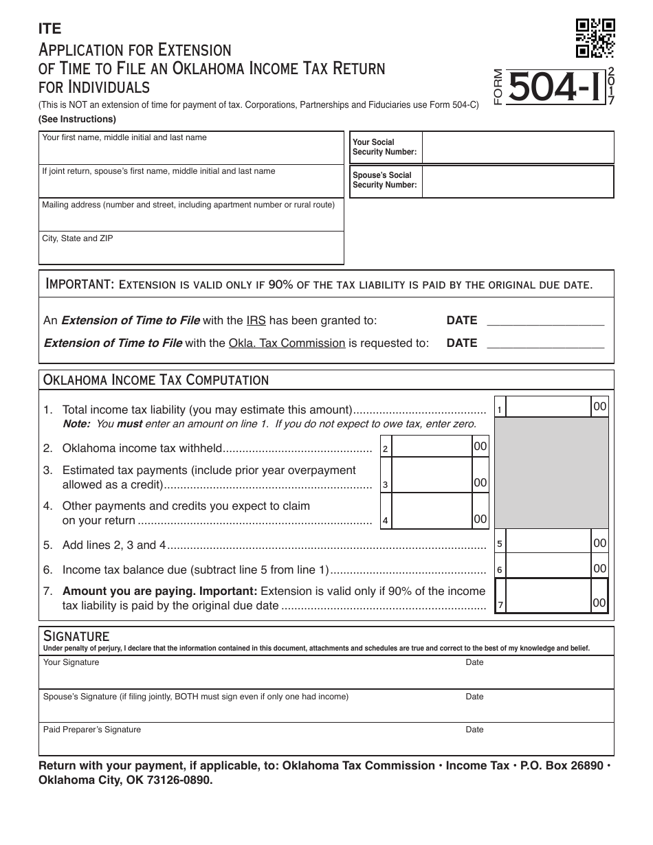 OTC Form 504-I Application for Extension of Time to File an Oklahoma Income Tax Return for Individuals - Oklahoma, Page 1