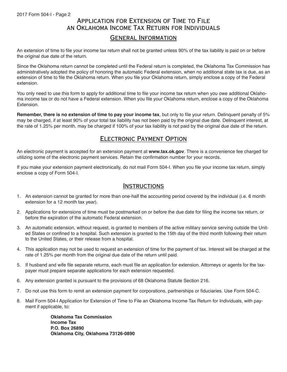 OTC Form 504-I Application for Extension of Time to File an Oklahoma Income Tax Return for Individuals - Oklahoma, Page 2