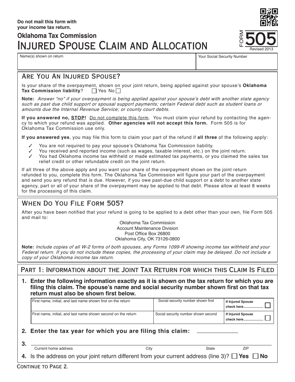 OTC Form 505 Injured Spouse Claim and Allocation - Oklahoma, Page 1