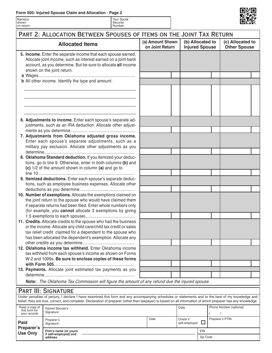 OTC Form 505 Injured Spouse Claim and Allocation - Oklahoma, Page 2