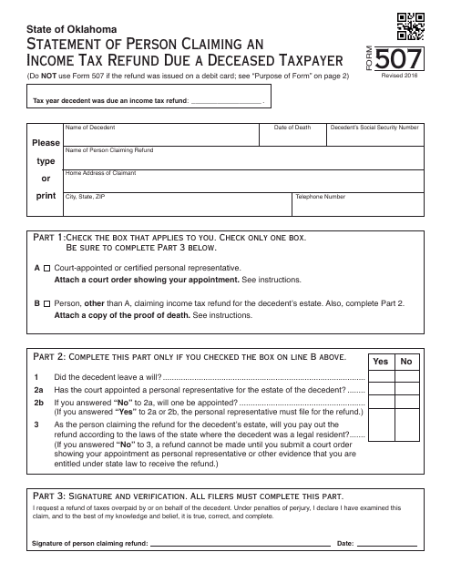 OTC Form 507 Statement of Person Claiming Refund Due a Deceased Taxpayer - Oklahoma