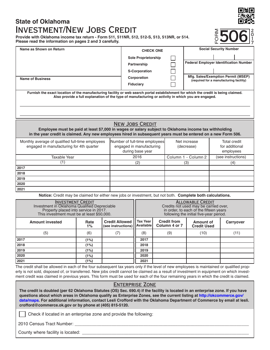 OTC Form 506 Investment / New Jobs Credit - Oklahoma, Page 1