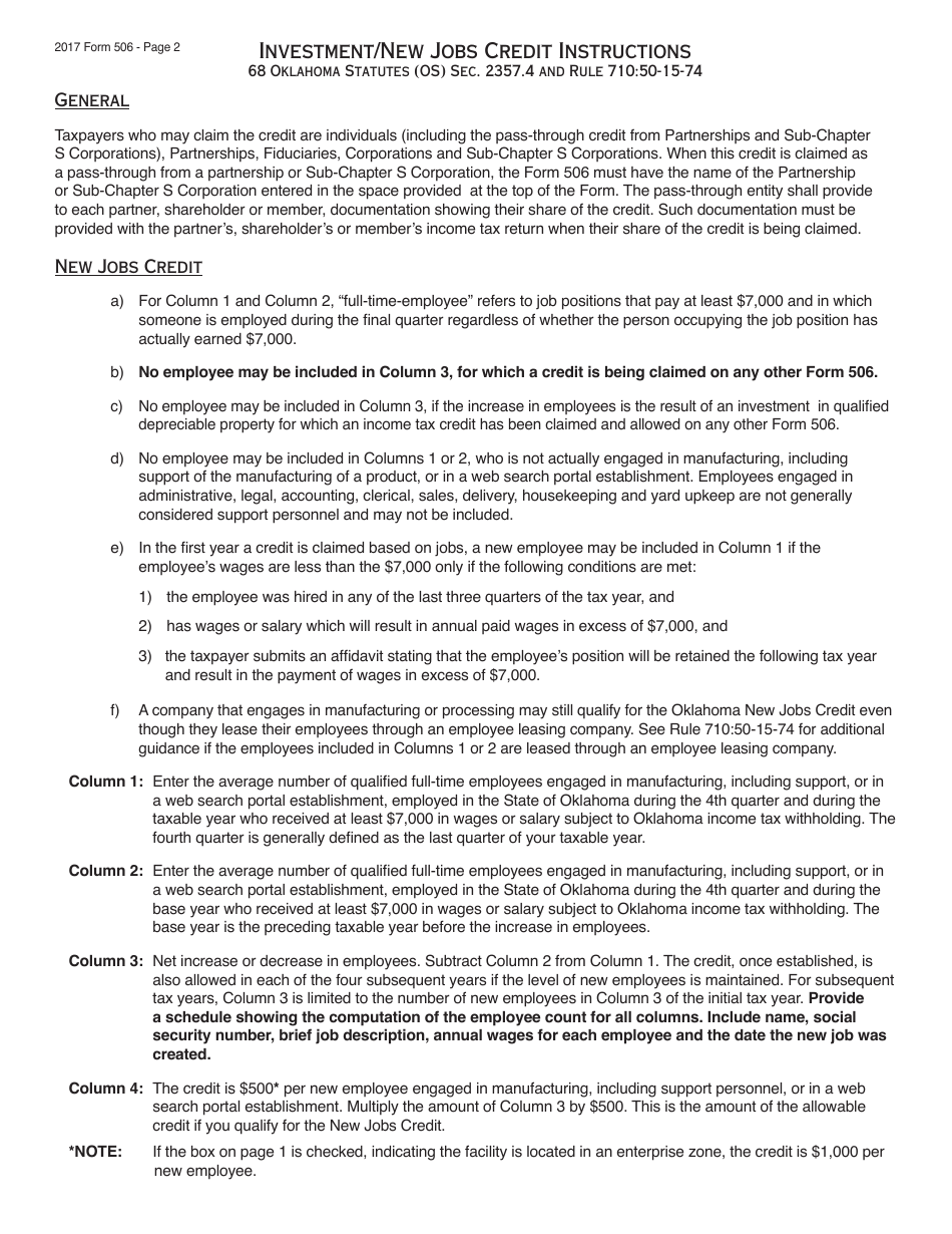 OTC Form 506 Investment / New Jobs Credit - Oklahoma, Page 2