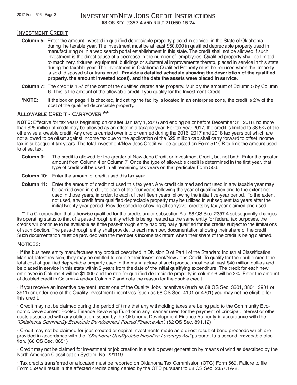 OTC Form 506 Investment / New Jobs Credit - Oklahoma, Page 3