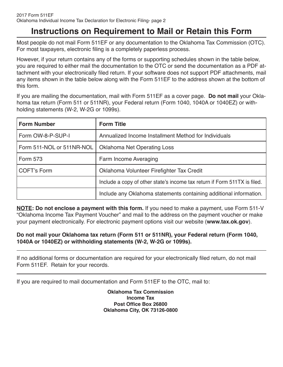OTC Form 511EF Oklahoma Individual Income Tax Declaration for Electronic Filing - Oklahoma, Page 2