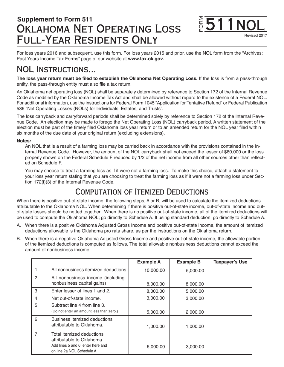 OTC Form 511NOL Oklahoma Net Operating Loss Full-Year Residents Only - Oklahoma, Page 1
