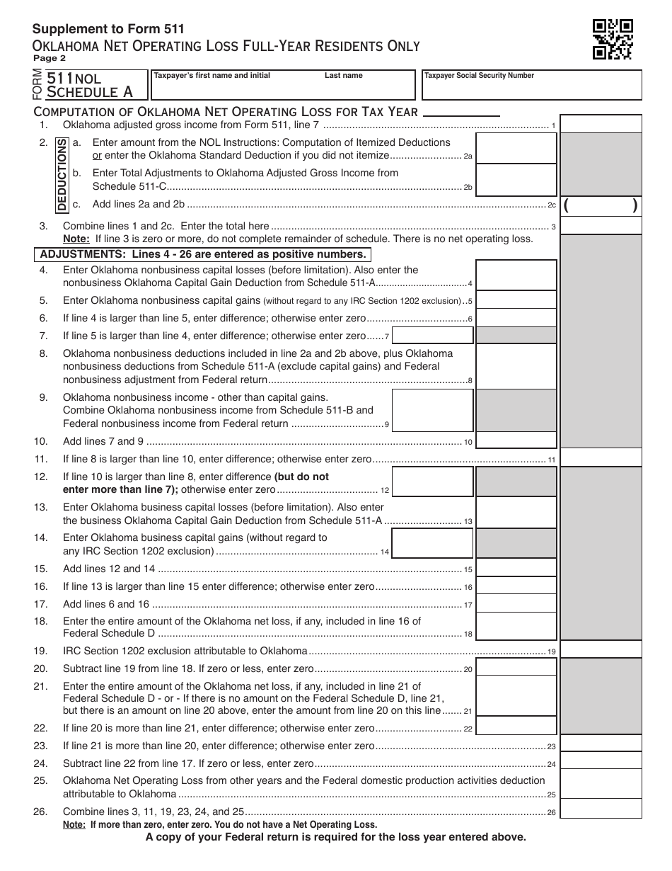 OTC Form 511NOL Oklahoma Net Operating Loss Full-Year Residents Only - Oklahoma, Page 2