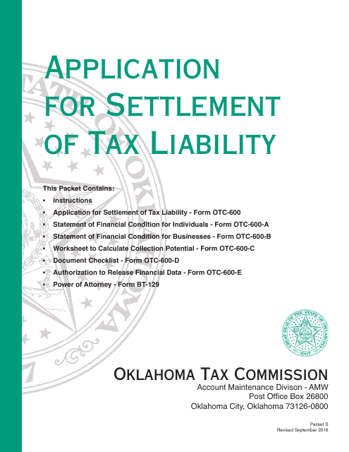 Packet S - Application for Settlement of Tax Liability - Oklahoma Download Pdf