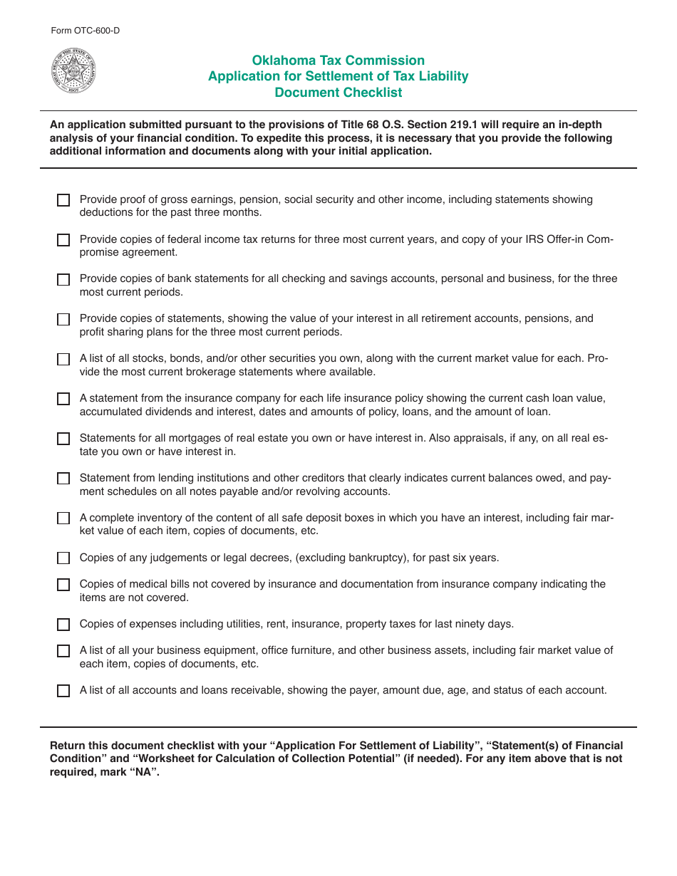 Packet S - Application for Settlement of Tax Liability - Oklahoma, Page 23