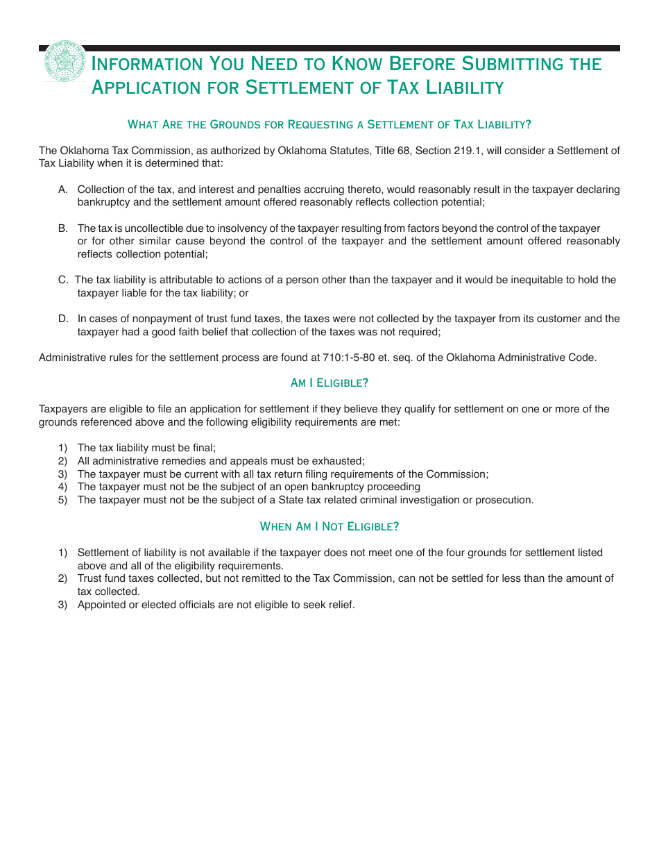 Packet S - Application for Settlement of Tax Liability - Oklahoma, Page 3